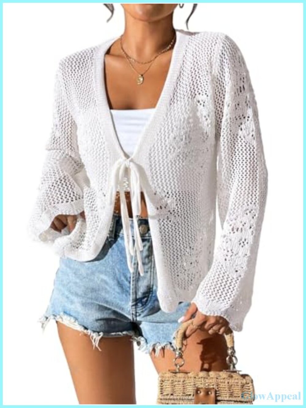 Lightweight Crochet Cardigan Tie Front Shrug Knit Crop Cover Up